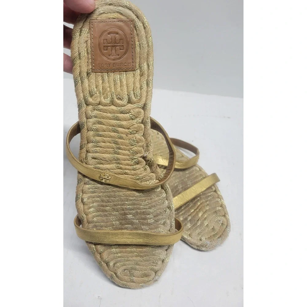 Tory Burch‎ Metallic Leather Espadrille Slide Sandals Woven Rope Flat Logo sz 10